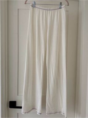 set active soft white lounge pants with purple stitching